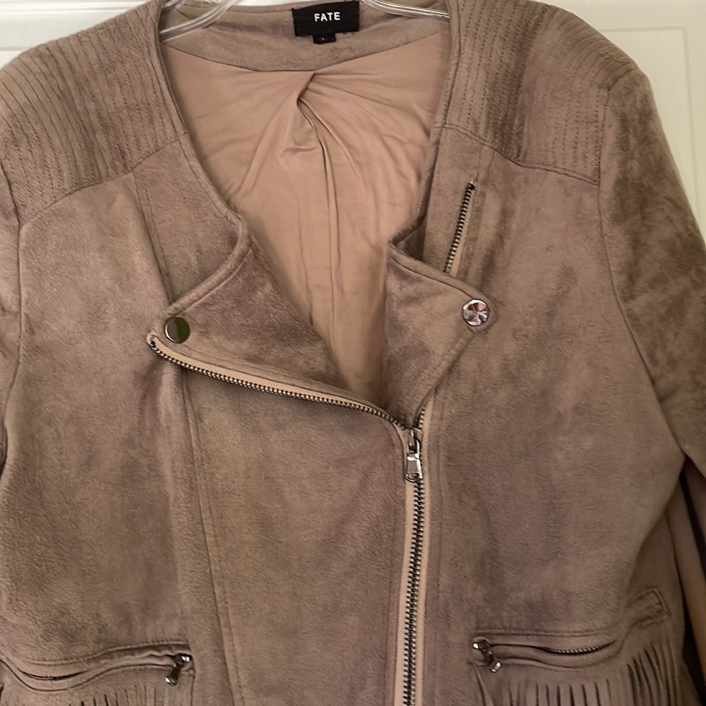 Fate Taupe Fringe Faux Suede Moto Jacket Large - Picture 4 of 11